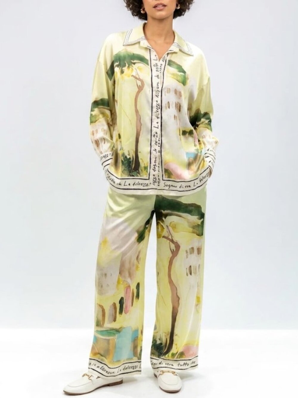 Made in Italy Yellow Silk Blend Sunset Set Pants Shirt Set One Size NWT